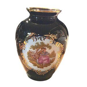 Vintage Miniature Vase Imperial Limoges Porcelain24K Gold Trim Blue 3.5"